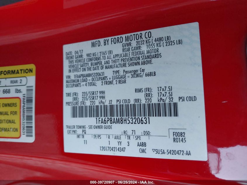 2017 Ford Mustang VIN: 1FA6P8AM8H5320631 Lot: 39720907