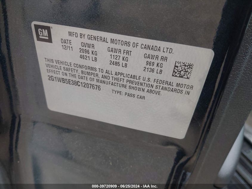 2012 Chevrolet Impala Lt VIN: 2G1WB5E38C1207676 Lot: 39720909