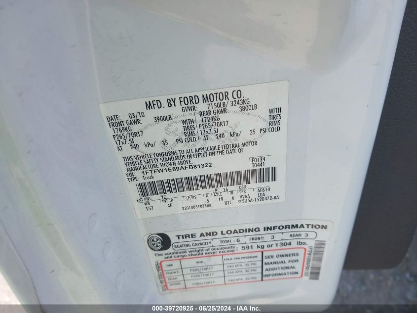 2010 Ford F150 Supercrew VIN: 1FTFW1E89AFB81322 Lot: 39720925