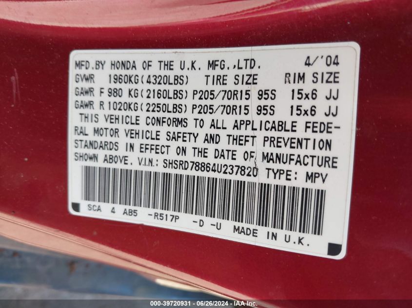 2004 Honda Cr-V Ex VIN: SHSRD78864U237820 Lot: 39720931