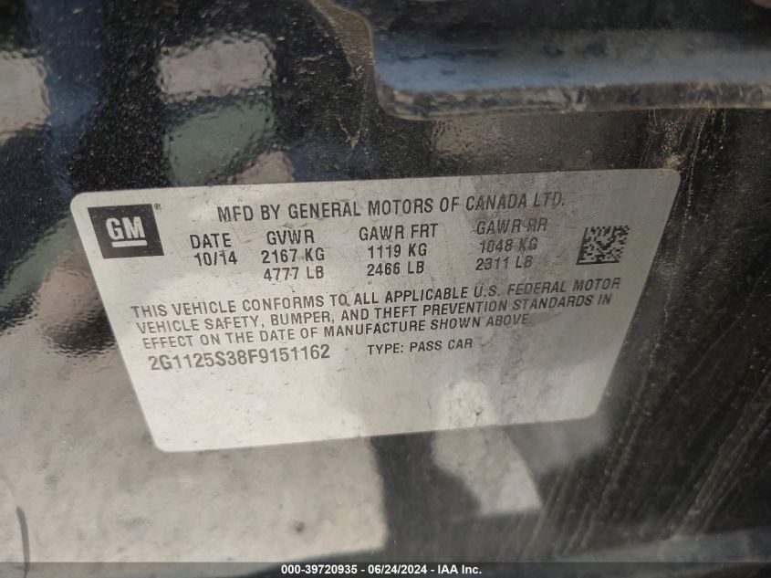 2015 Chevrolet Impala 2Lt VIN: 2G1125S38F9151162 Lot: 39720935