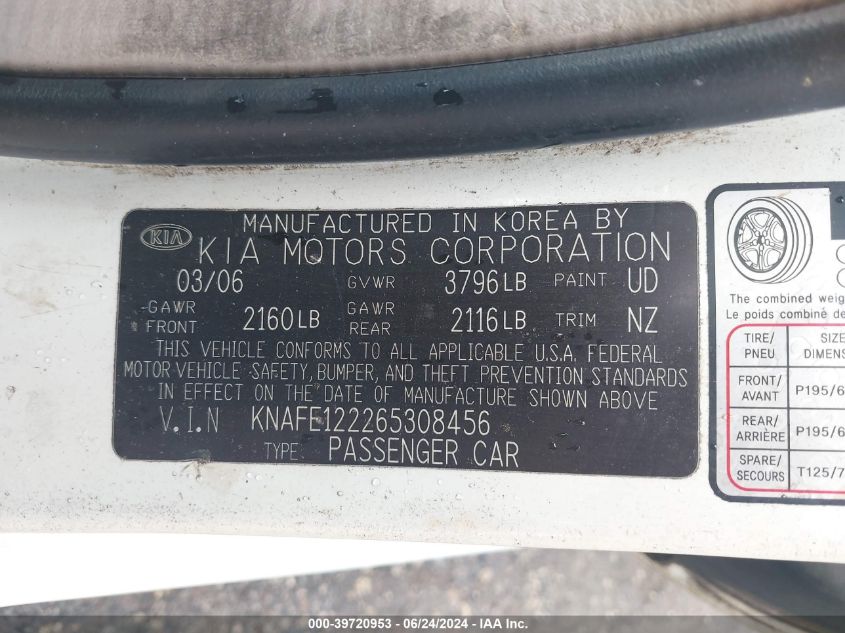 2006 Kia Spectra Ex/Lx/Sx VIN: KNAFE122265308456 Lot: 39720953