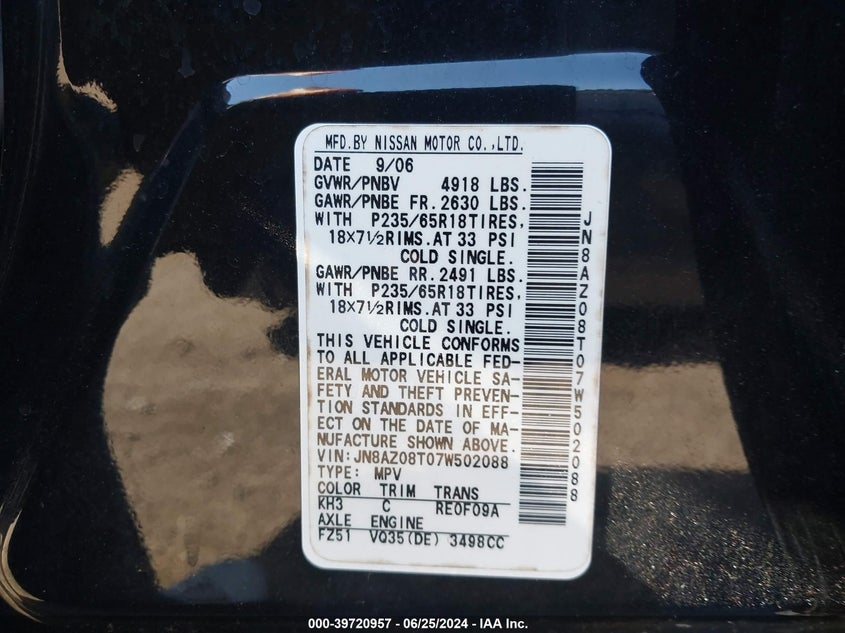 2007 Nissan Murano Sl VIN: JN8AZ08T07W502088 Lot: 39720957