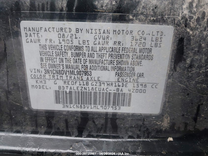 2021 Nissan Versa S VIN: 3N1CN8DV1ML907953 Lot: 39720961