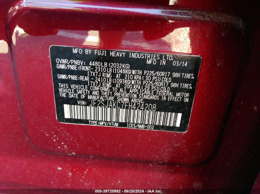 2015 Subaru Forester 2.5I Limited VIN: JF2SJAKC7FH424208 Lot: 39720992