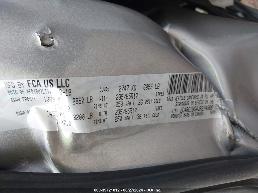 2018 Chrysler Pacifica Touring L VIN: 2C4RC1BG4JR274386 Lot: 39721012