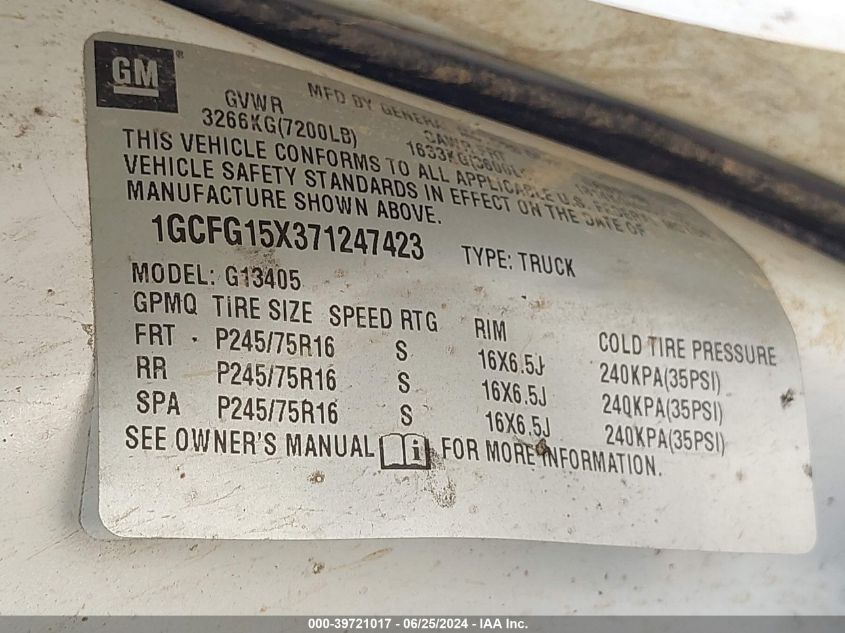 2007 Chevrolet Express Work Van VIN: 1GCFG15X371247423 Lot: 39721017