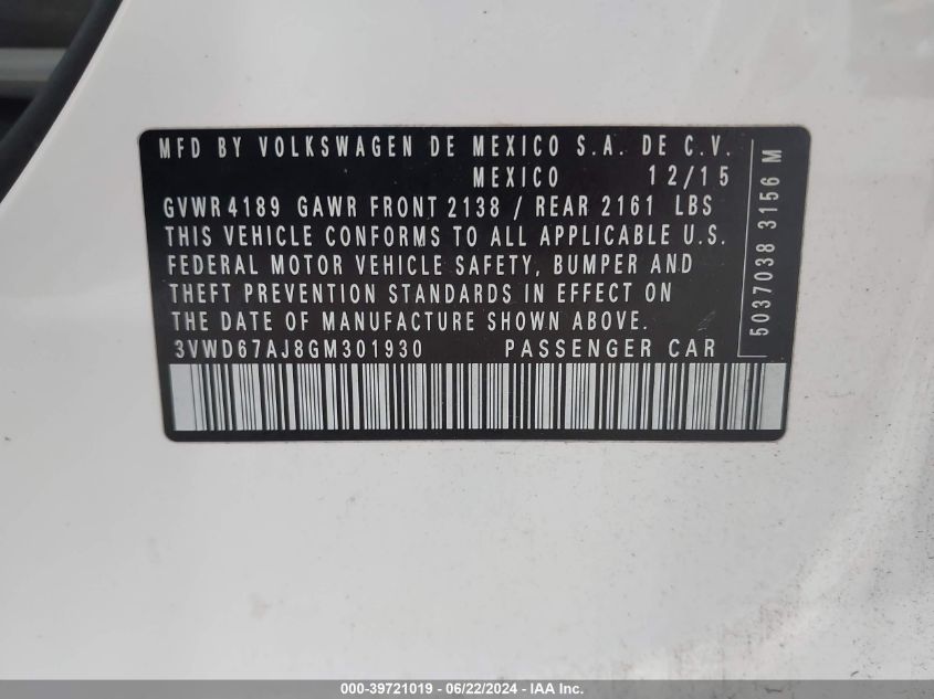 2016 Volkswagen Jetta 1.4T Se VIN: 3VWD67AJ8GM301930 Lot: 39721019