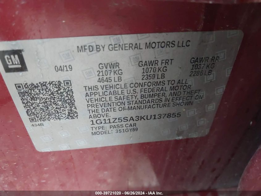 2019 Chevrolet Impala Lt VIN: 1G11Z5SA3KU137855 Lot: 39721020