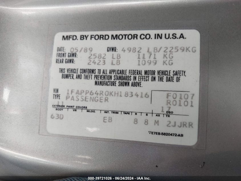 1989 Ford Thunderbird Super Coupe VIN: 1FAPP64R0KH183416 Lot: 39721026