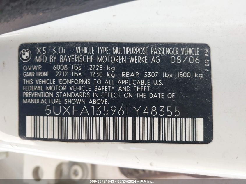 2006 BMW X5 3.0I VIN: 5UXFA13596LY48355 Lot: 39721043