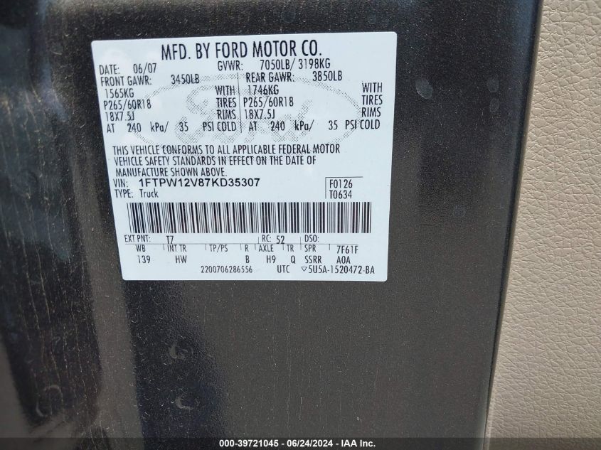 2007 Ford F-150 Lariat/Xlt VIN: 1FTPW12V87KD35307 Lot: 39721045