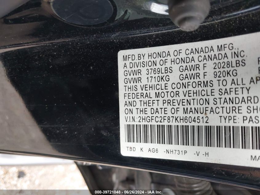 2019 Honda Civic Sport VIN: 2HGFC2F87KH604512 Lot: 39721048