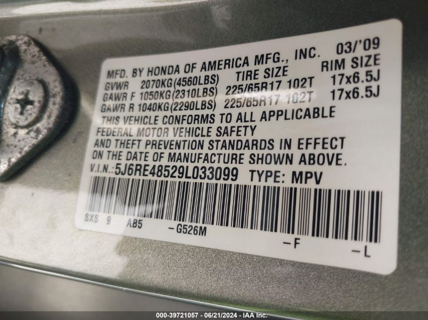 2009 Honda Cr-V Ex VIN: 5J6RE48529L033099 Lot: 39721057