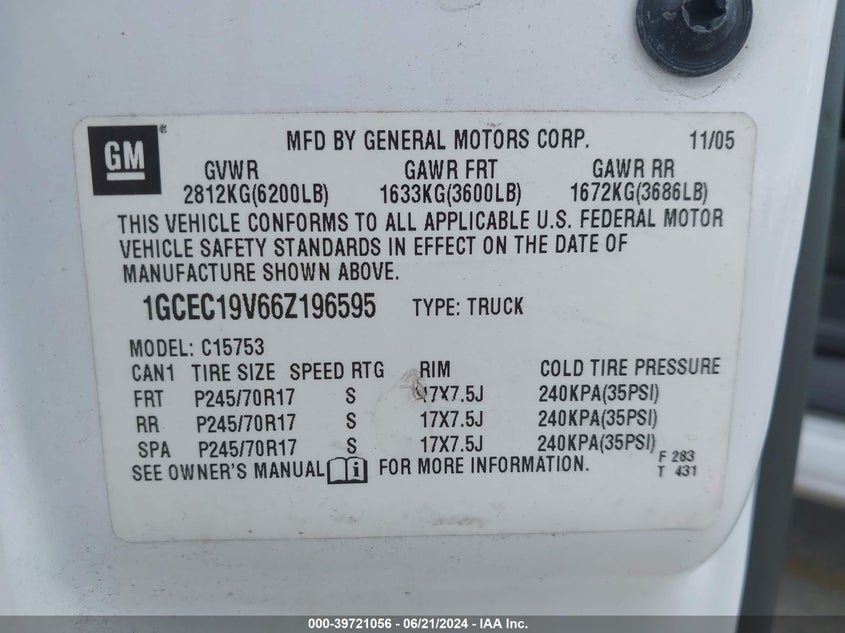 2006 Chevrolet Silverado 1500 Lt1 VIN: 1GCEC19V66Z196595 Lot: 39721056