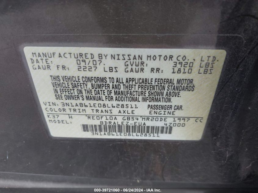2008 Nissan Sentra 2.0S VIN: 3N1AB61E08L628511 Lot: 39721060
