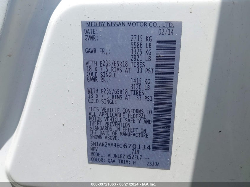 2014 Nissan Pathfinder S VIN: 5N1AR2MM9EC670134 Lot: 39721063