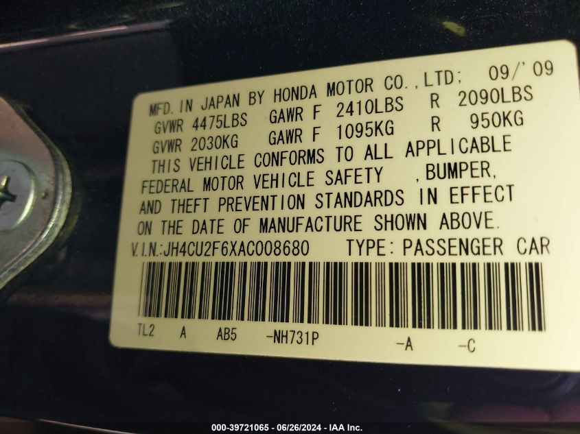 2010 Acura Tsx 2.4 VIN: JH4CU2F6XAC008680 Lot: 39721065