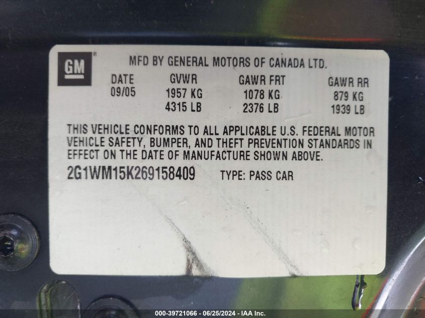 2006 Chevrolet Monte Carlo Lt VIN: 2G1WM15K269158409 Lot: 39721066