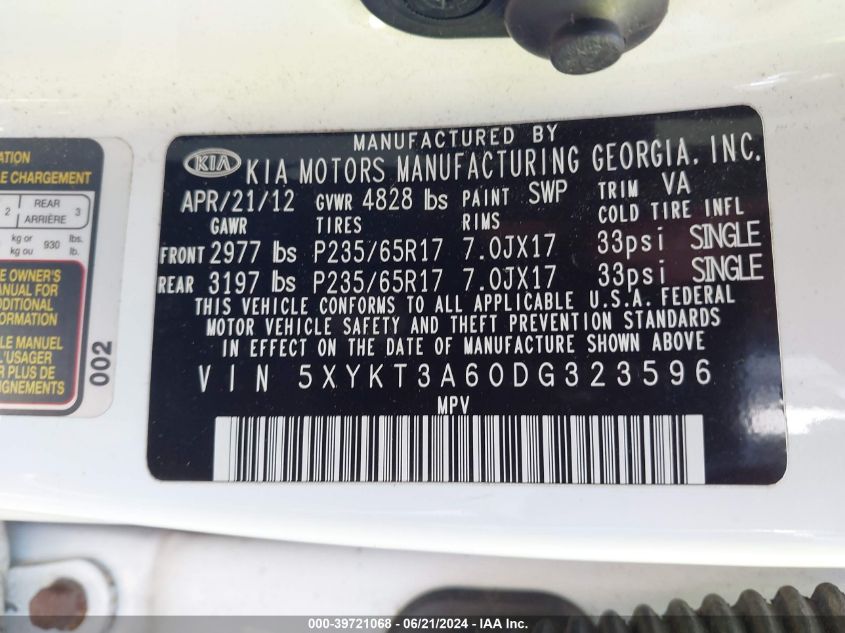 2013 Kia Sorento Lx VIN: 5XYKT3A60DG323596 Lot: 39721068