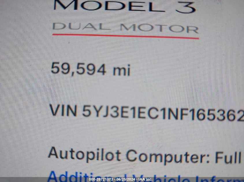 2022 Tesla Model 3 Performance Dual Motor All-Wheel Drive VIN: 5YJ3E1EC1NF165362 Lot: 39721073