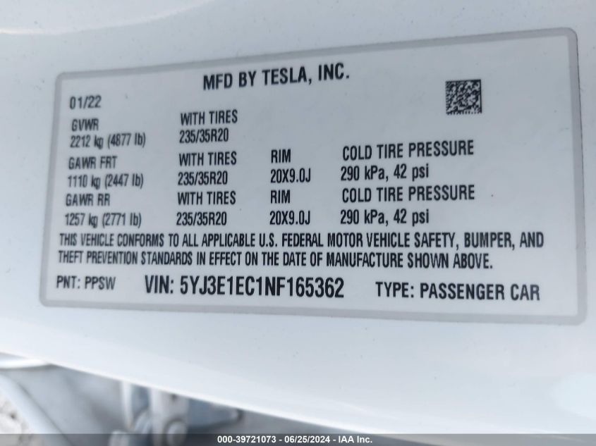 2022 Tesla Model 3 Performance Dual Motor All-Wheel Drive VIN: 5YJ3E1EC1NF165362 Lot: 39721073