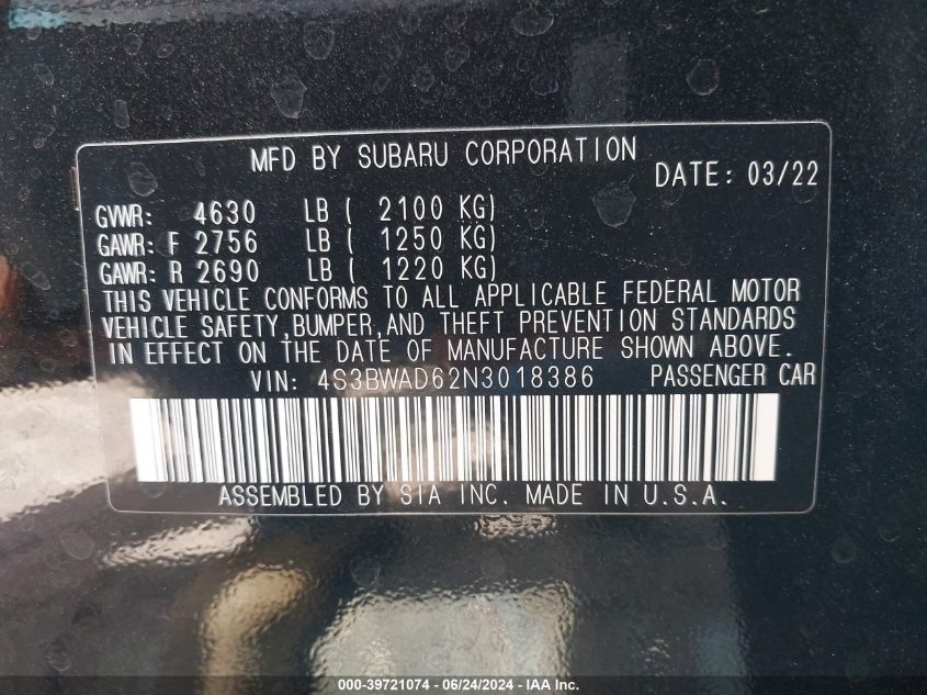 2022 Subaru Legacy Premium VIN: 4S3BWAD62N3018386 Lot: 39721074
