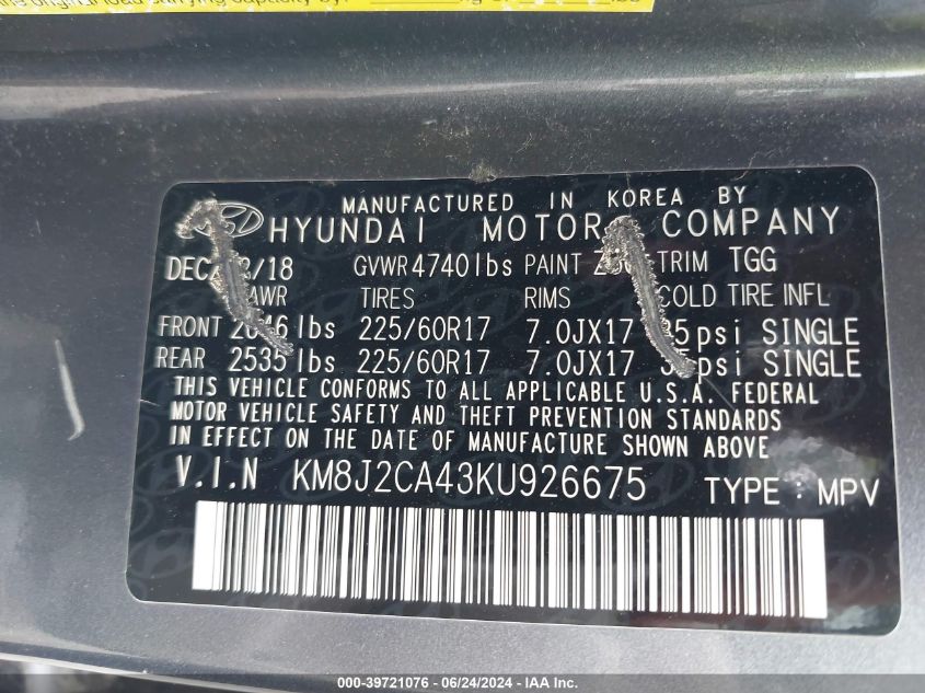 KM8J2CA43KU926675 2019 Hyundai Tucson Se