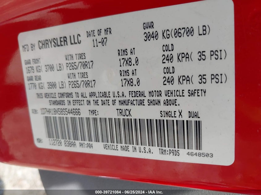 2008 Dodge Ram 1500 St/Sxt VIN: 1D7HA18N58S544666 Lot: 39721084