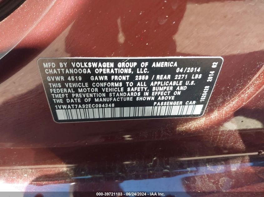 2014 Volkswagen Passat 1.8T S VIN: 1VWAT7A32EC094348 Lot: 39721103