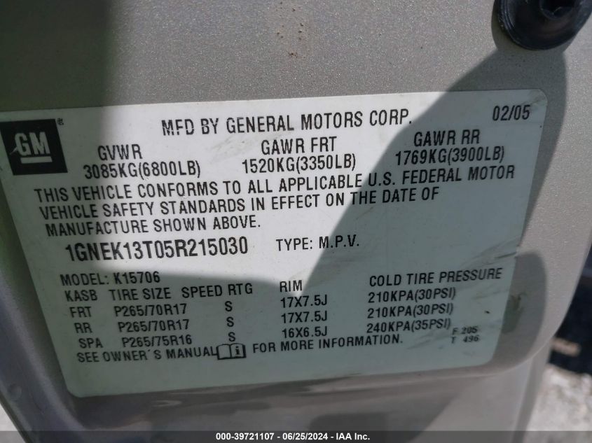 2005 Chevrolet Tahoe Z71 VIN: 1GNEK13T05R215030 Lot: 39721107