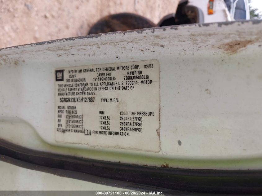 2003 Hummer H2 VIN: 5GRGN23UX3H127837 Lot: 39721105