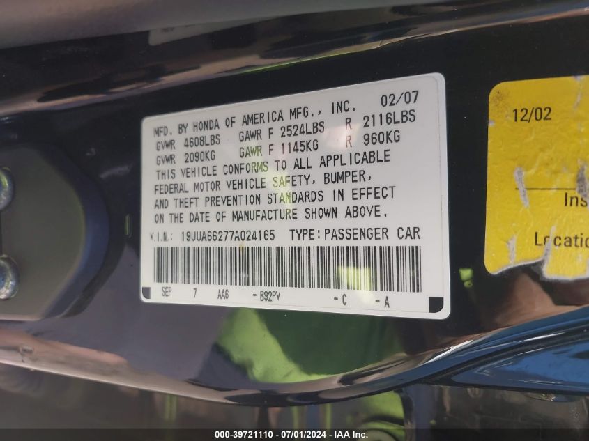 2007 Acura Tl 3.2 VIN: 19UUA66277A024165 Lot: 39721110
