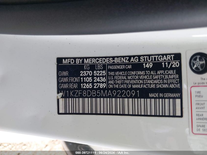 2021 Mercedes-Benz E 350 VIN: W1KZF8DB5MA922091 Lot: 39721119
