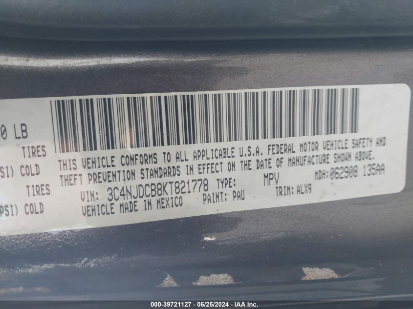 2019 Jeep Compass Limited VIN: 3C4NJDCB8KT821778 Lot: 39721127