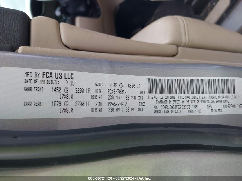 2015 Jeep Grand Cherokee Laredo VIN: 1C4RJEAG1FC792793 Lot: 39721128