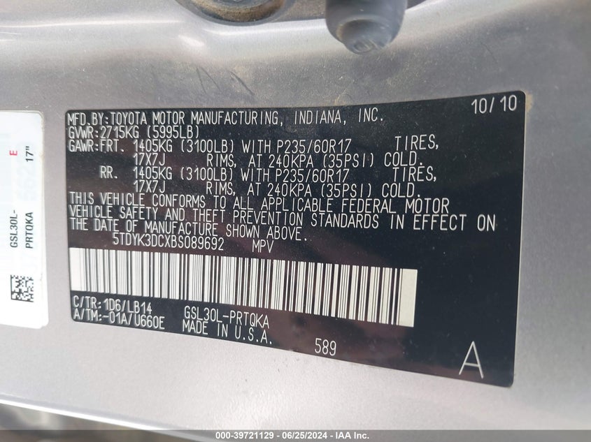 2011 Toyota Sienna Xle V6 VIN: 5TDYK3DCXBS089692 Lot: 39721129