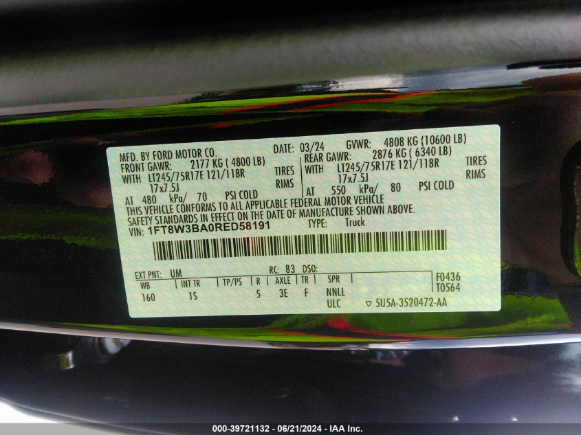2024 Ford F-350 Xl VIN: 1FT8W3BA0RED58191 Lot: 39721132