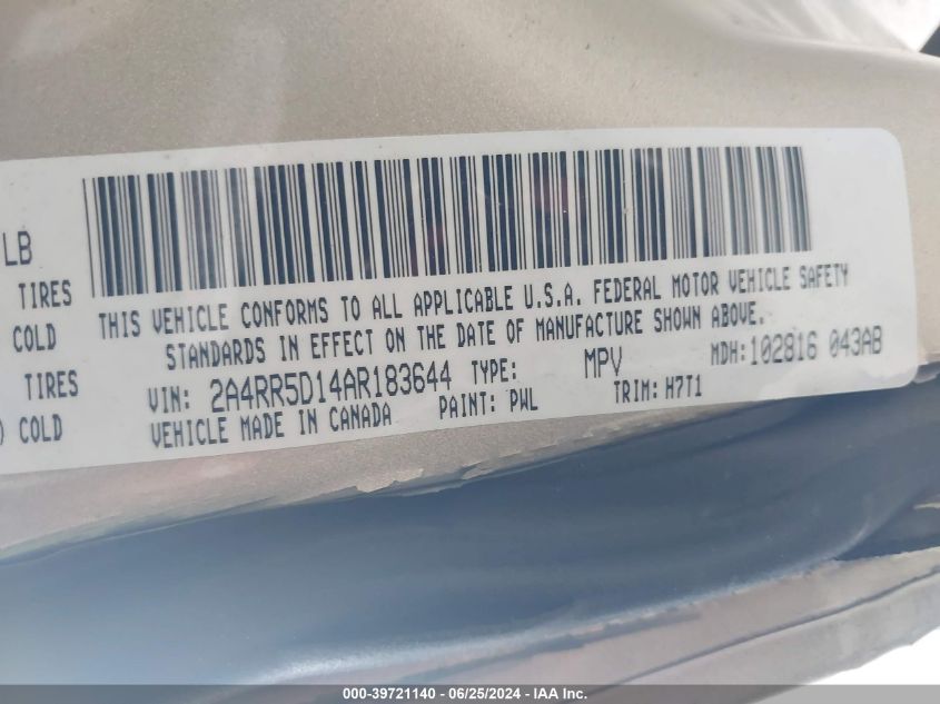 2010 Chrysler Town & Country Touring VIN: 2A4RR5D14AR183644 Lot: 39721140