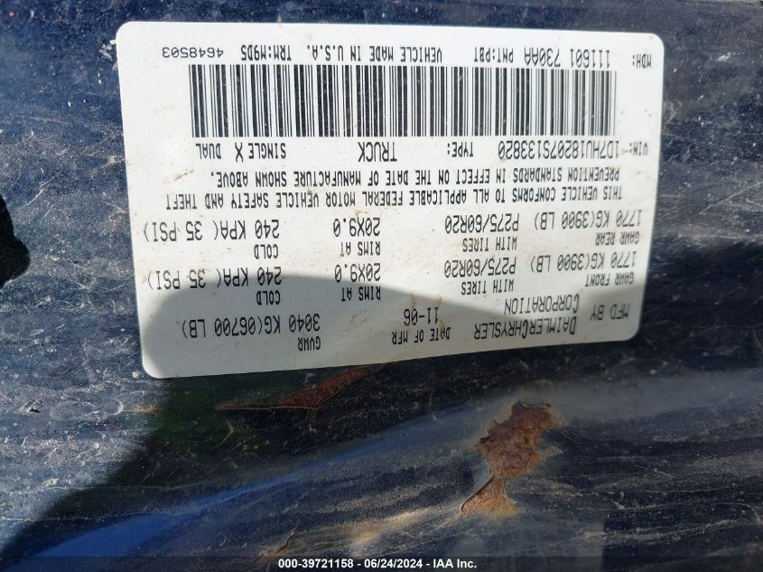 2007 Dodge Ram 1500 Slt/Trx4 Off Road/Sport VIN: 1D7HU18207S133820 Lot: 39721158