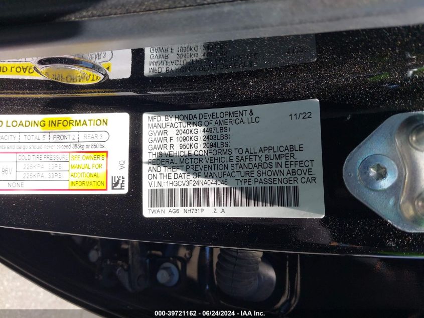 2022 Honda Accord Hybrid Sport VIN: 1HGCV3F24NA044045 Lot: 39721162