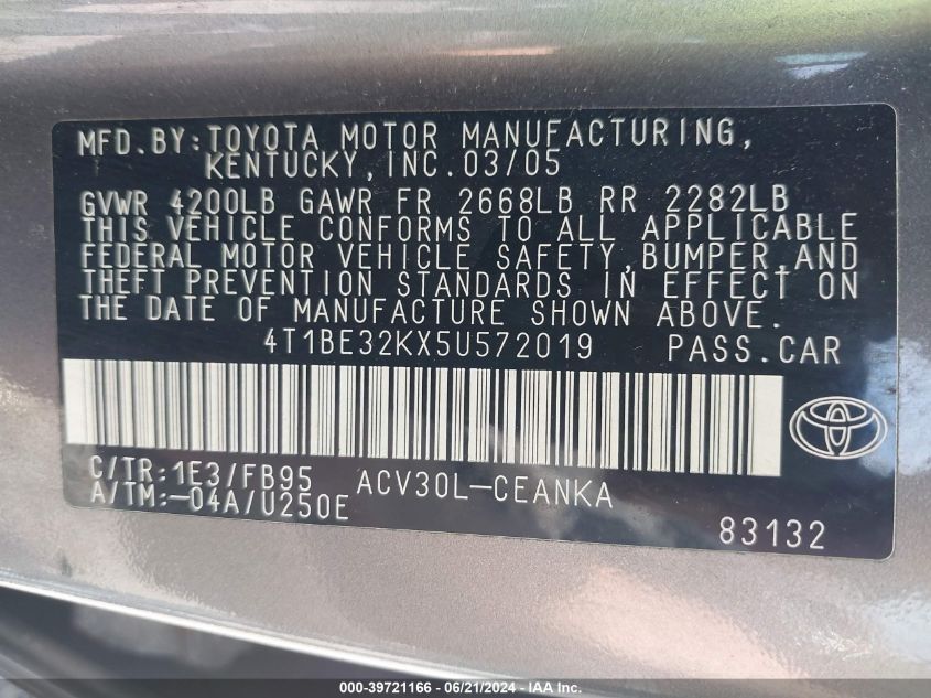 2005 Toyota Camry Std VIN: 4T1BE32KX5U572019 Lot: 39721166