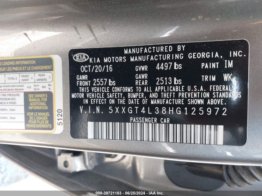 2017 Kia Optima Lx VIN: 5XXGT4L38HG125972 Lot: 39721183