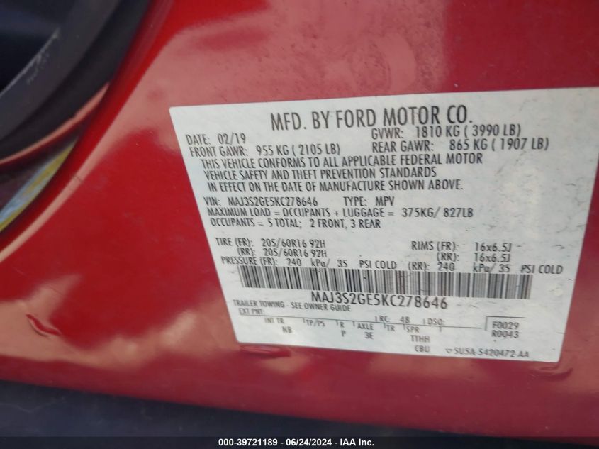 2019 Ford Ecosport Se VIN: MAJ3S2GE5KC278646 Lot: 39721189