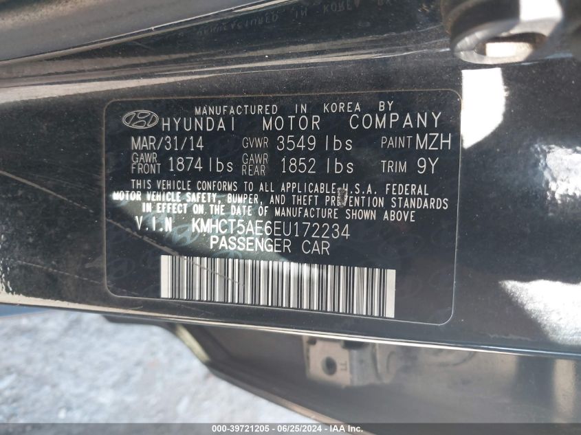 2014 Hyundai Accent Gs VIN: KMHCT5AE6EU172234 Lot: 39721205