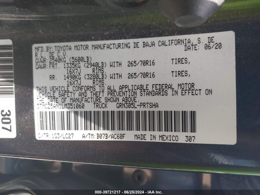 2020 Toyota Tacoma Trd Off-Road VIN: 3TMCZ5AN1LM351060 Lot: 39721217