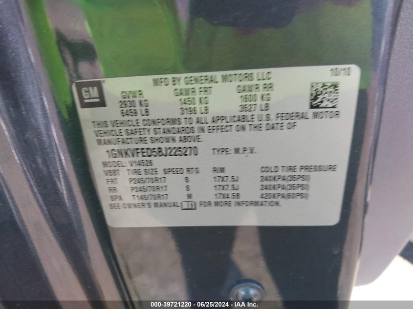 2011 Chevrolet Traverse Ls VIN: 1GNKVFED5BJ225270 Lot: 39721220