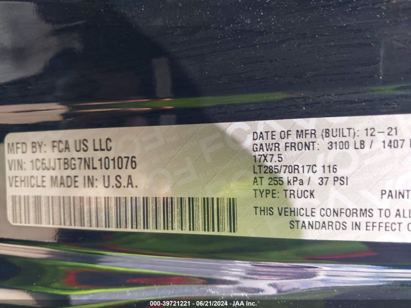 2022 Jeep Gladiator Rubicon 4X4 VIN: 1C6JJTBG7NL101076 Lot: 39721221