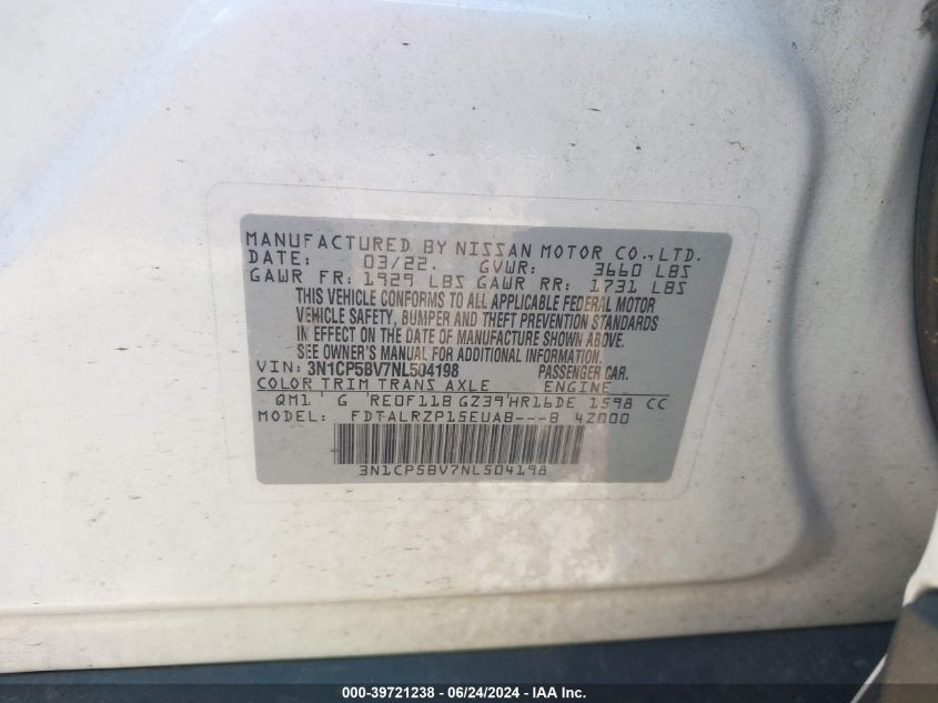 2022 Nissan Kicks S Xtronic Cvt VIN: 3N1CP5BV7NL504198 Lot: 39721238