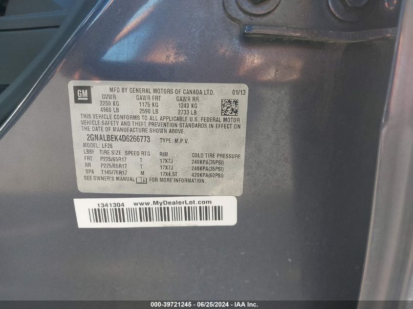 2013 Chevrolet Equinox Ls VIN: 2GNALBEK4D6266773 Lot: 39721245